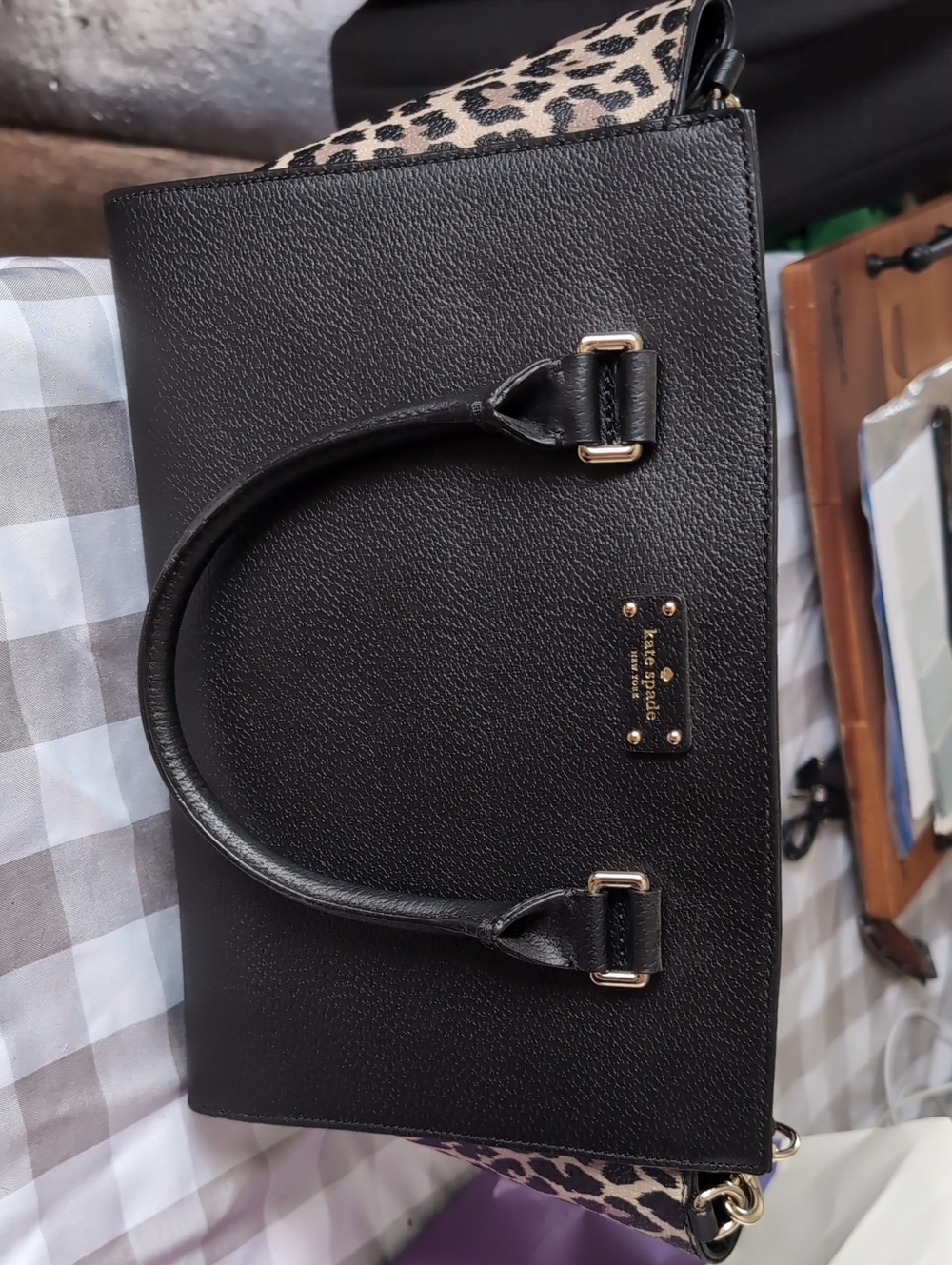 NWT Kate Spade Black Leather Tote with Leopard Trim